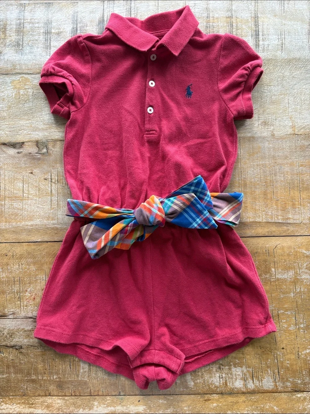 Ralph Lauren Red Polo Romper with Plaid Sash 24m